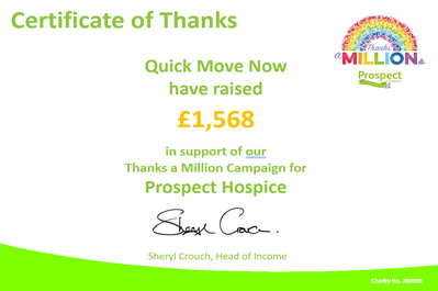 certificate of thanks for Quick Move Now's donation to Prospect Hospice