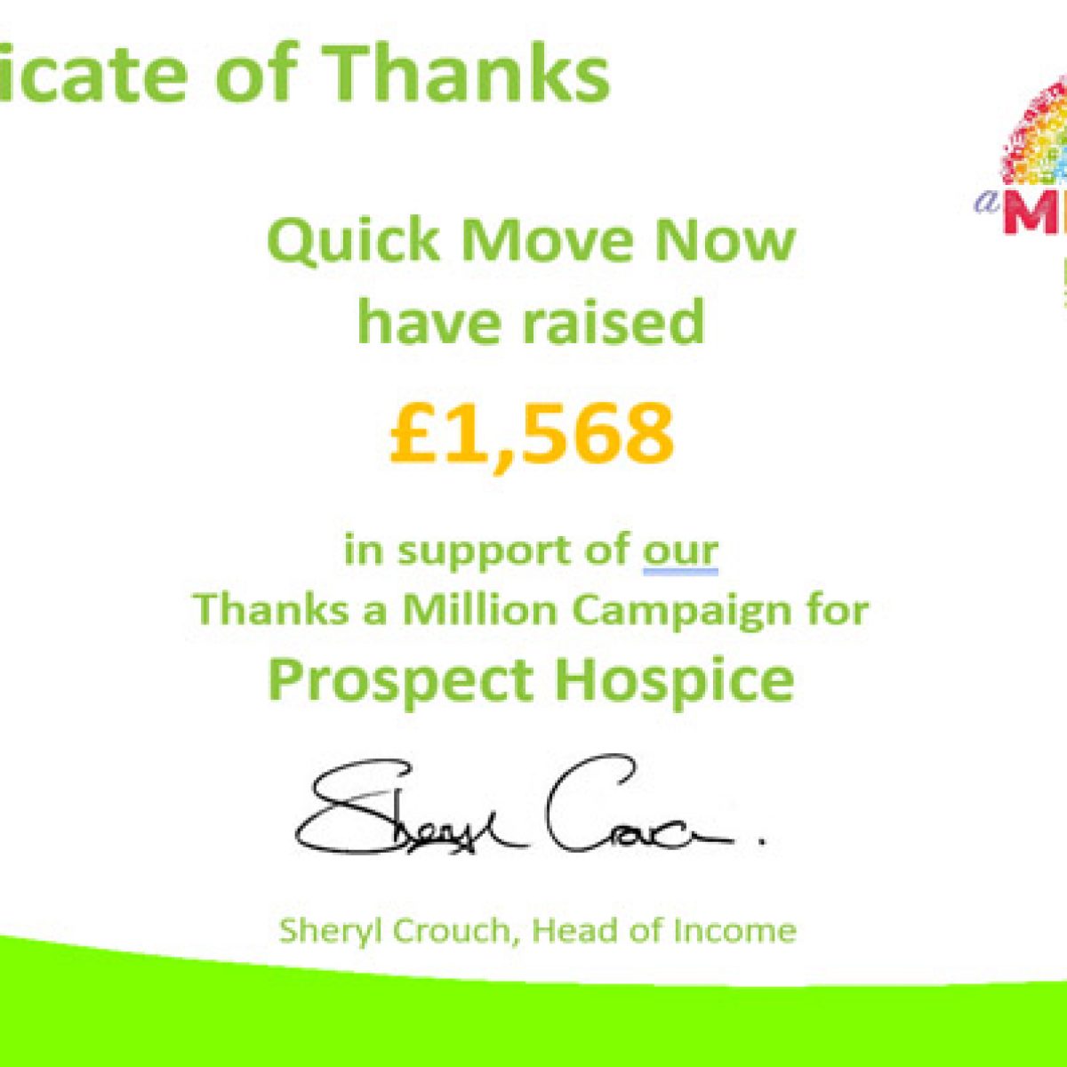 Prospect Hospice says ‘Thanks a Million’ for Quick Move Now’s fundraising efforts